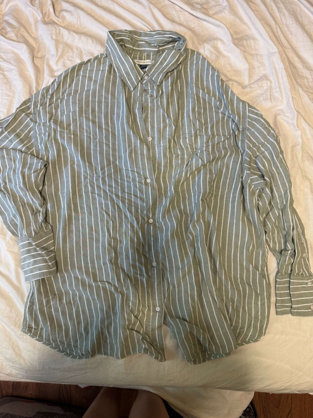 American Eagle Outfitters Olive & White Striped Button-Down Shirt